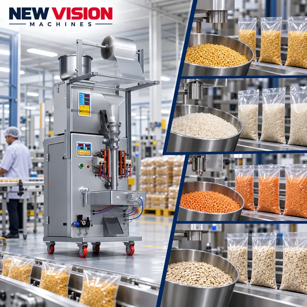 New Vision Machines 1000 Gram FFS Machine for Granule — heavy-duty SS 304 food-grade construction & conveyor setup