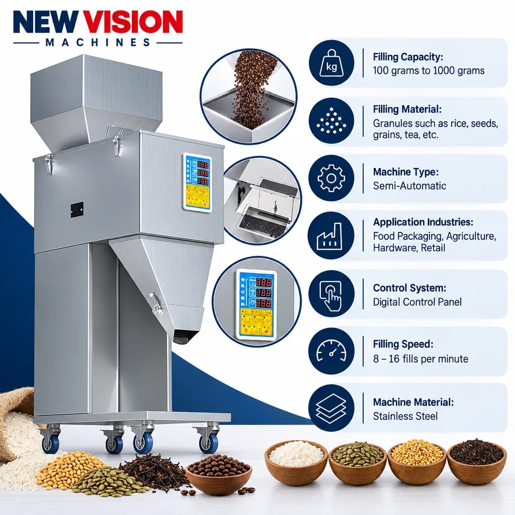 New Vision Machines 1000 Gram Filling Machine for Granule — precision nozzles, filling heads & mechanical assembly