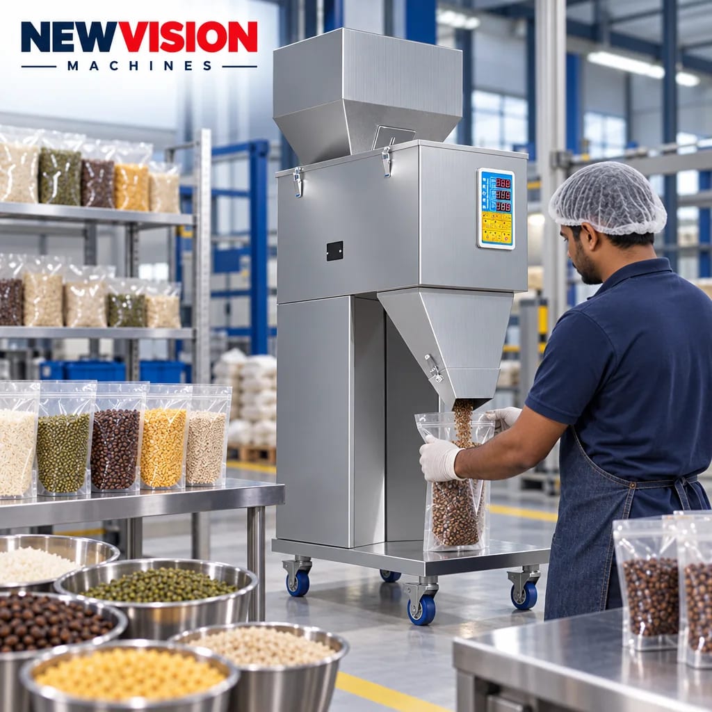 New Vision Machines 1000 Gram Filling Machine for Granule — heavy-duty SS 304 food-grade construction & conveyor setup