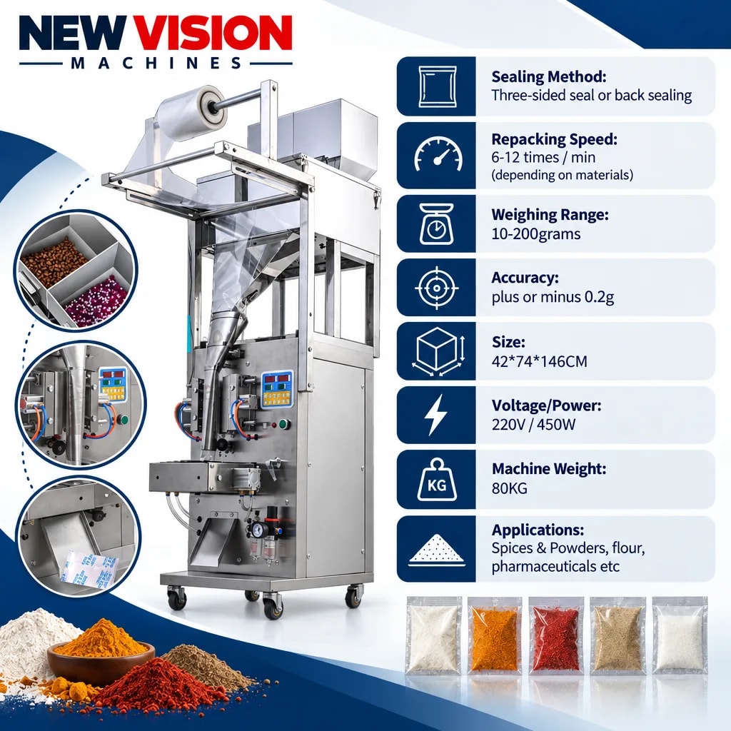 New Vision Machines 200 Gram FFS Machine Double Chamber for powder — precision nozzles, filling heads & mechanical assembly