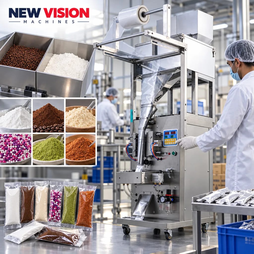 New Vision Machines 200 Gram FFS Machine Double Chamber for powder — heavy-duty SS 304 food-grade construction & conveyor setup