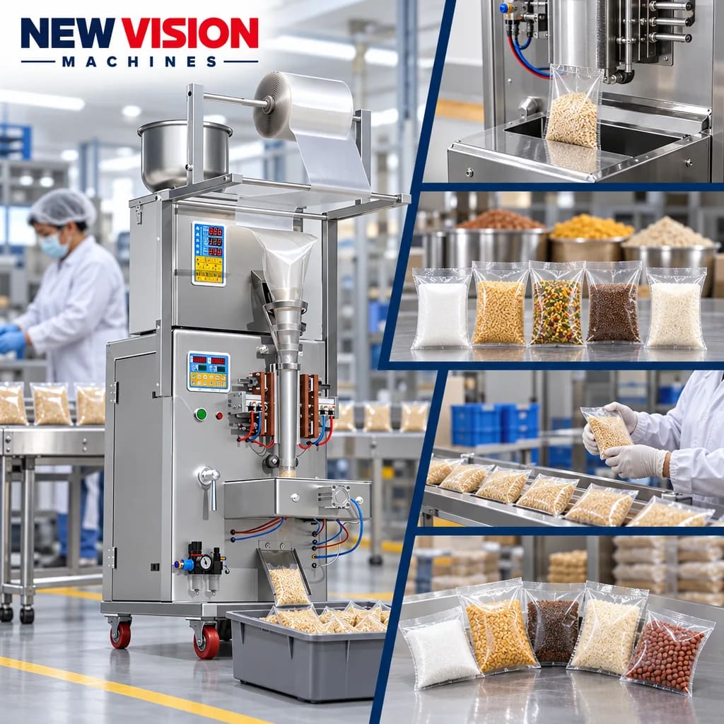 New Vision Machines 200 Gram FFS Machine for Granule — heavy-duty SS 304 food-grade construction & conveyor setup