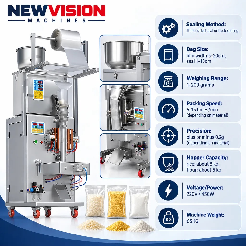 New Vision Machines 200 Gram FFS Machine for Granule — precision nozzles, filling heads & mechanical assembly