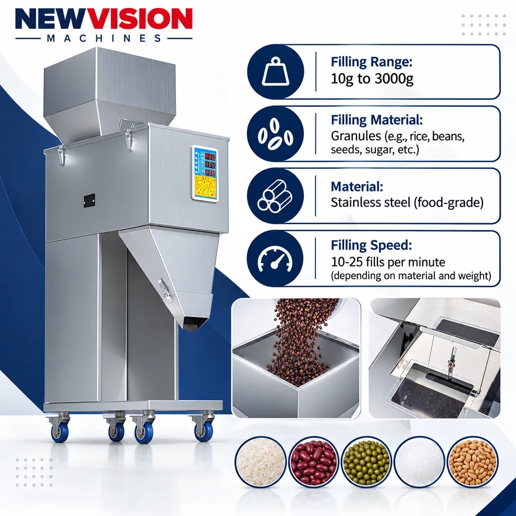 New Vision Machines 3000 Gram Filling Machine for Granule — precision nozzles, filling heads & mechanical assembly