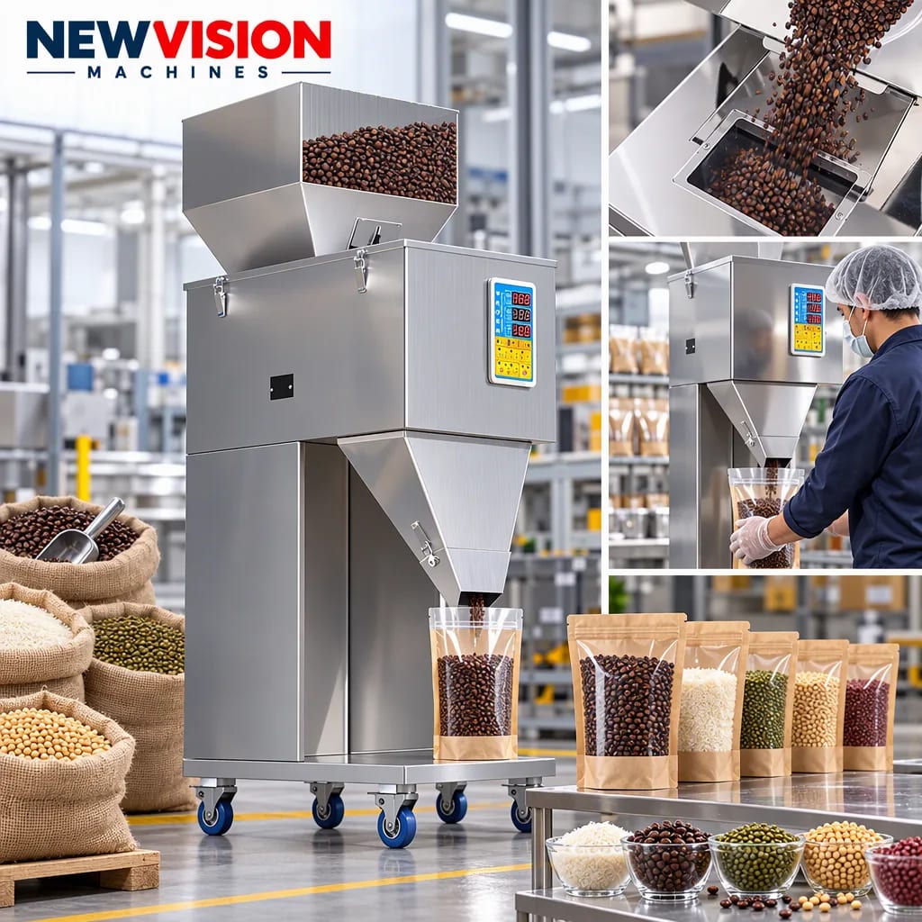 New Vision Machines 3000 Gram Filling Machine for Granule — heavy-duty SS 304 food-grade construction & conveyor setup