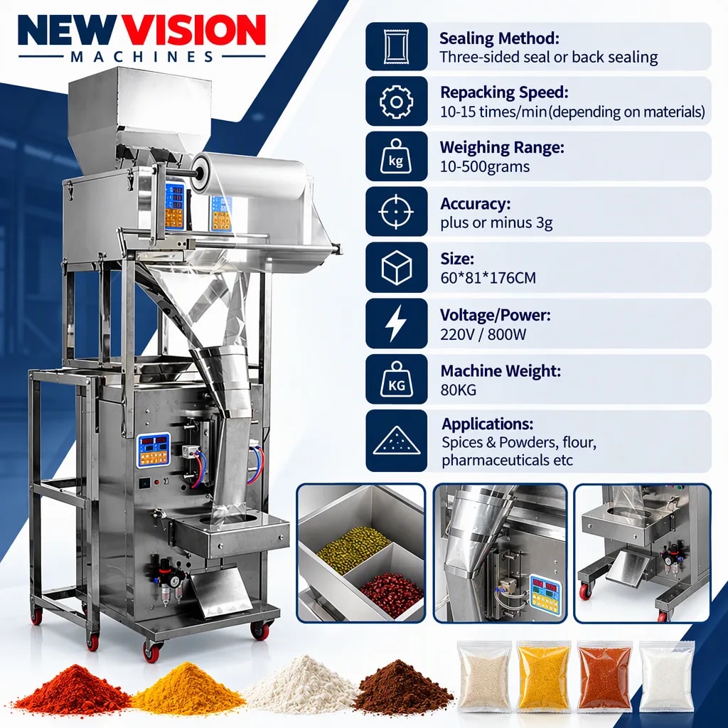 New Vision Machines 500 Gram FFS Machine Double Chamber for Powder — precision nozzles, filling heads & mechanical assembly