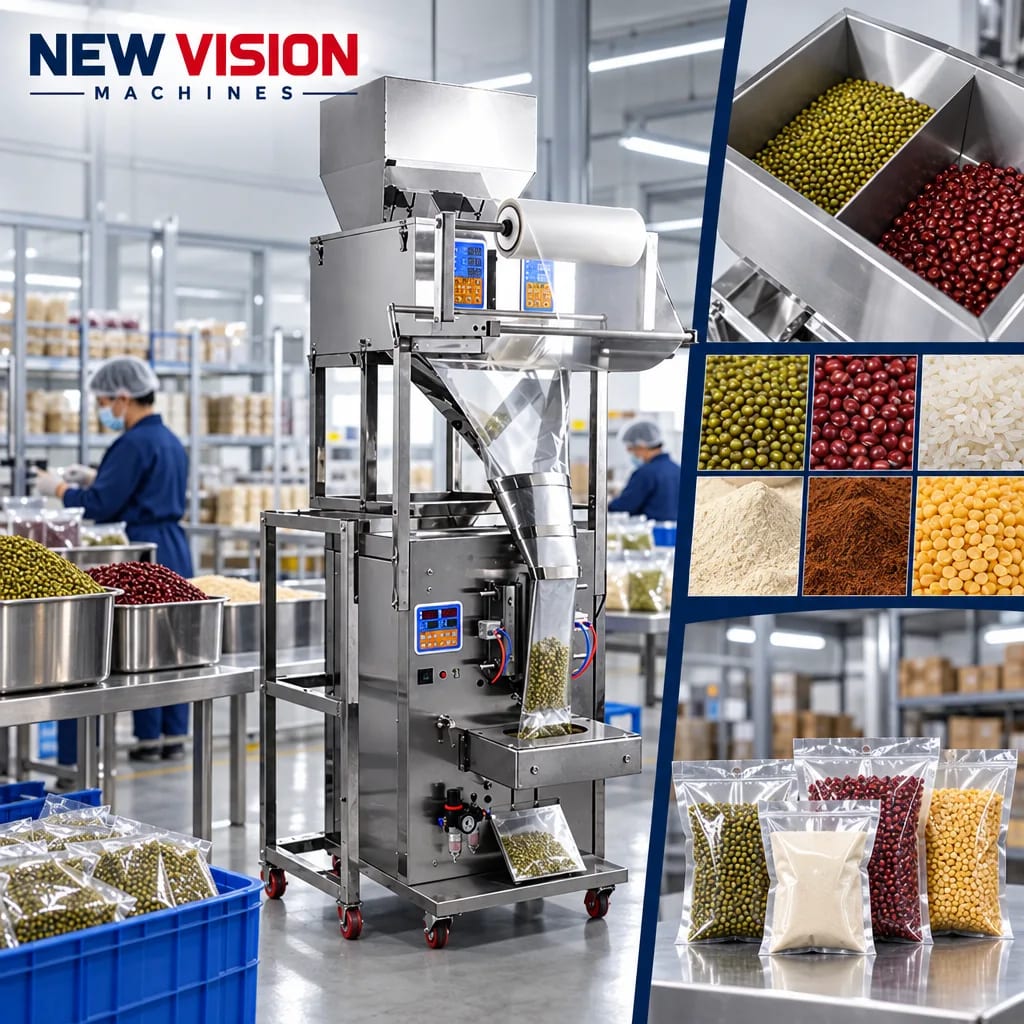 New Vision Machines 500 Gram FFS Machine Double Chamber for Powder — heavy-duty SS 304 food-grade construction & conveyor setup