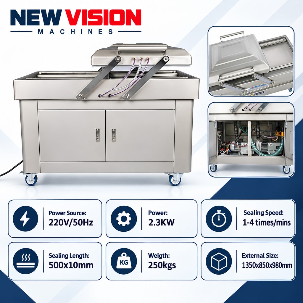 New Vision Machines Vacuum Packing Machine Double Chamber SS — precision nozzles, filling heads & mechanical assembly