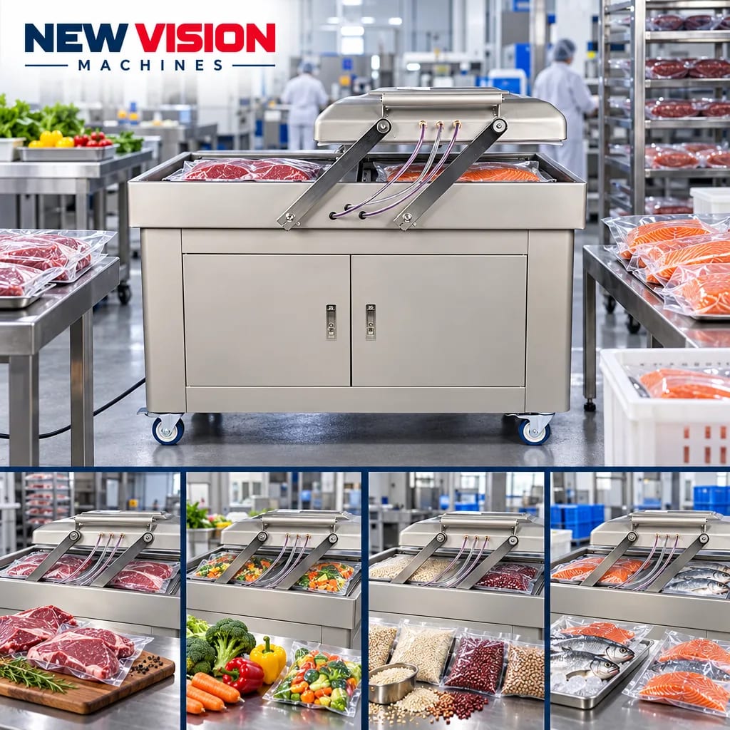 New Vision Machines Vacuum Packing Machine Double Chamber SS — heavy-duty SS 304 food-grade construction & conveyor setup