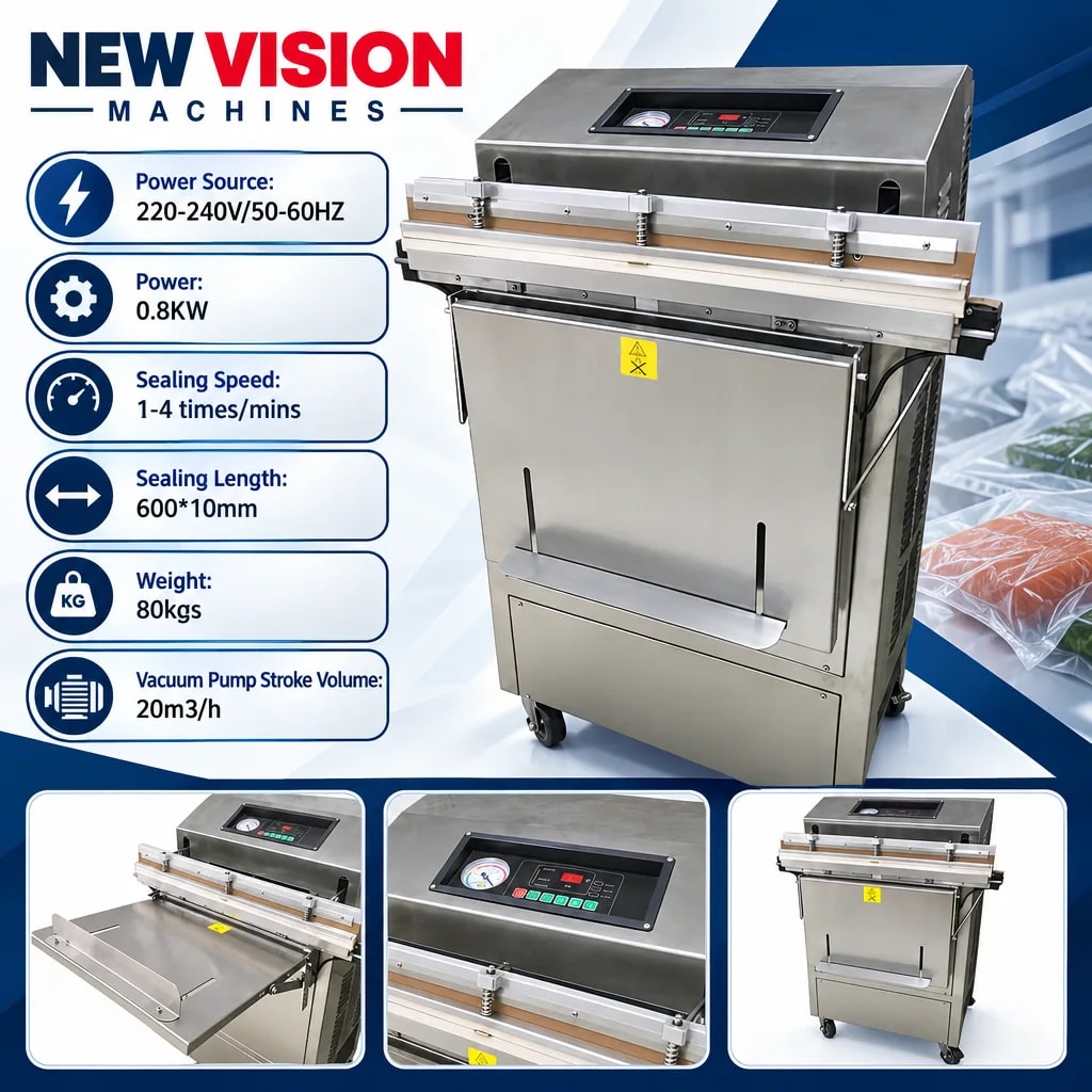 New Vision Machines Vacuum Packaging Machine (out side) 600mm SS — heavy-duty SS 304 food-grade construction & conveyor setup