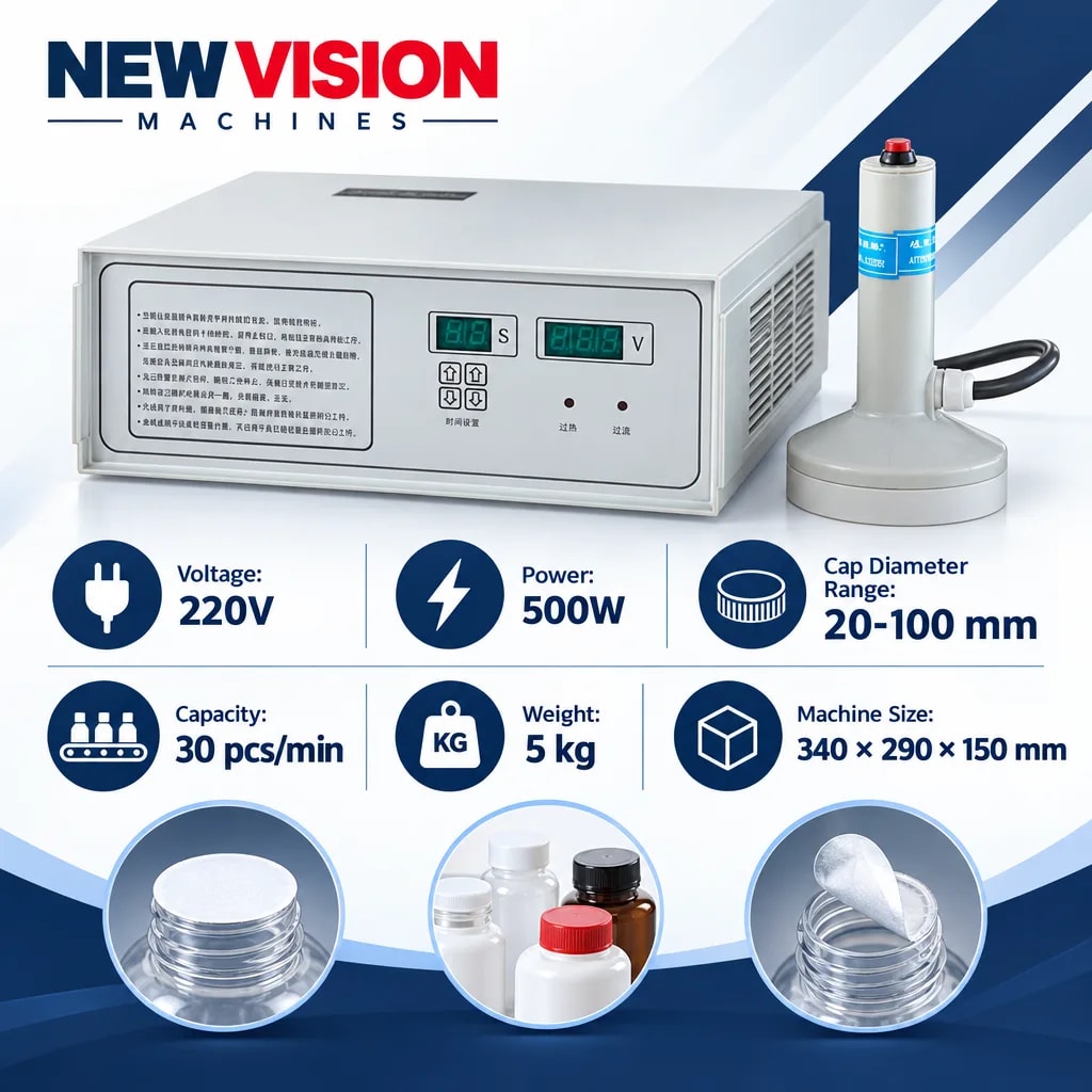 New Vision Machines Induction Cap Sealing Machine 20-100mm Heavy Duty — precision nozzles, filling heads & mechanical assembly