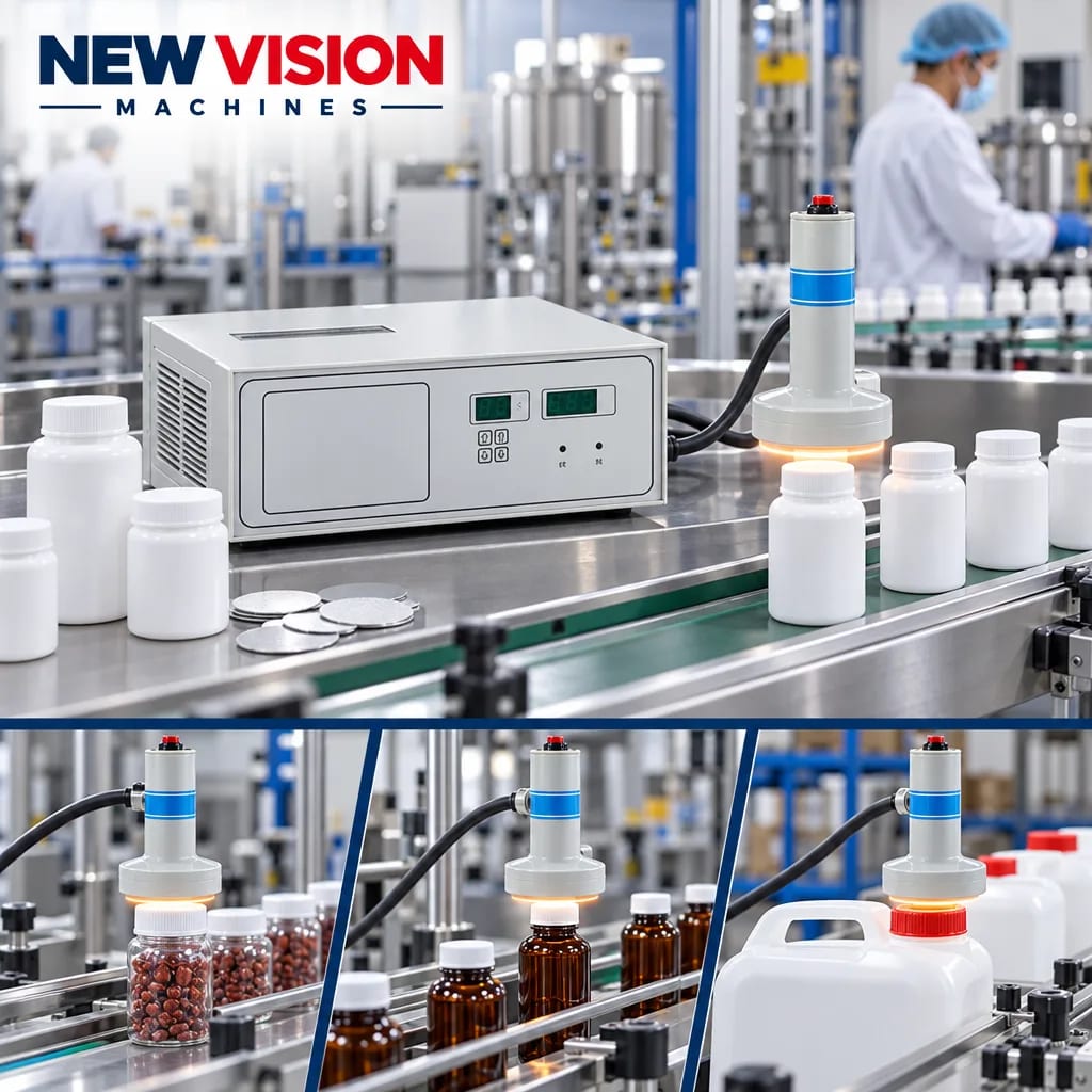 New Vision Machines Induction Cap Sealing Machine 20-100mm Heavy Duty — heavy-duty SS 304 food-grade construction & conveyor setup