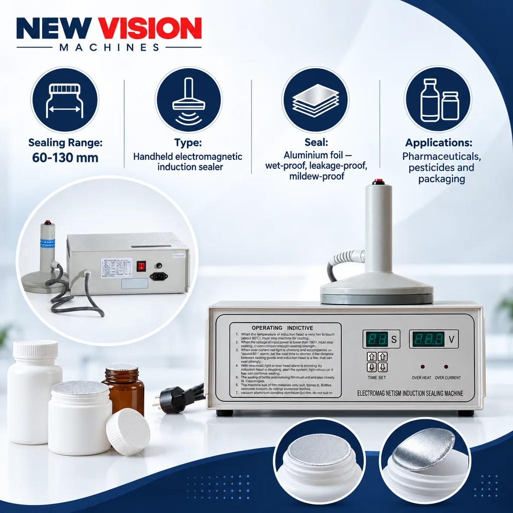 New Vision Machines Induction Cap Sealing Machine 60-130MM Heavy Duty — precision nozzles, filling heads & mechanical assembly