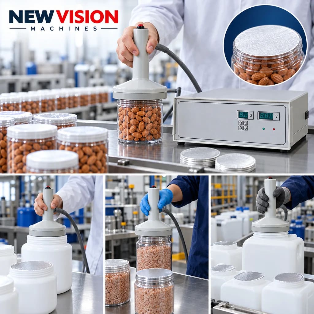 New Vision Machines Induction Cap Sealing Machine 60-130MM Heavy Duty — heavy-duty SS 304 food-grade construction & conveyor setup