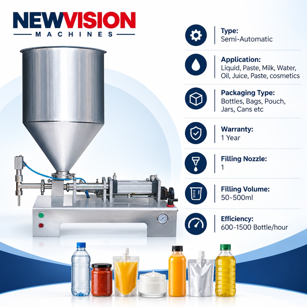 New Vision Machines Semi Automatic Paste Filling Machine 50-500ml (Single Head) — heavy-duty SS 304 food-grade construction & conveyor setup