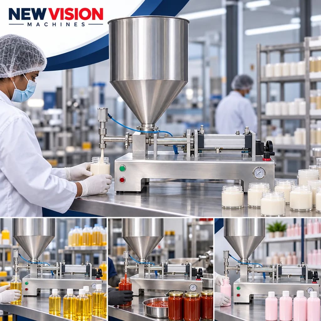 New Vision Machines Semi Automatic Paste Filling Machine 50-500ml (Single Head) — precision nozzles, filling heads & mechanical assembly