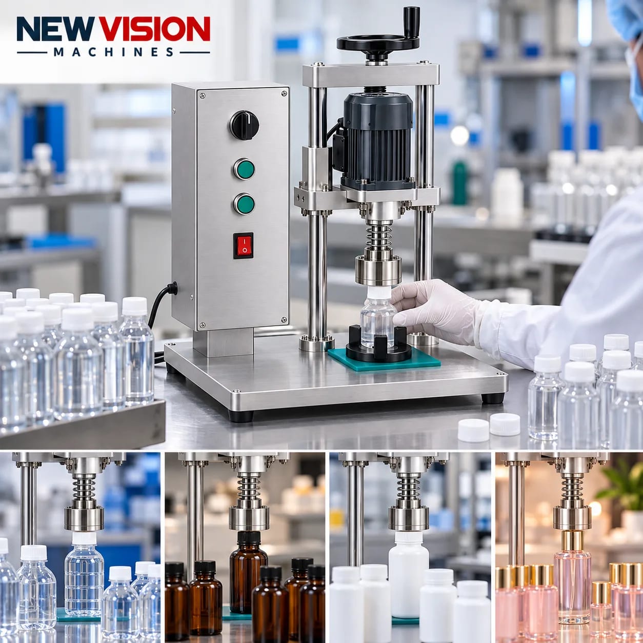 New Vision Machines Automatic Bottle Capping Machine — heavy-duty SS 304 food-grade construction & conveyor setup