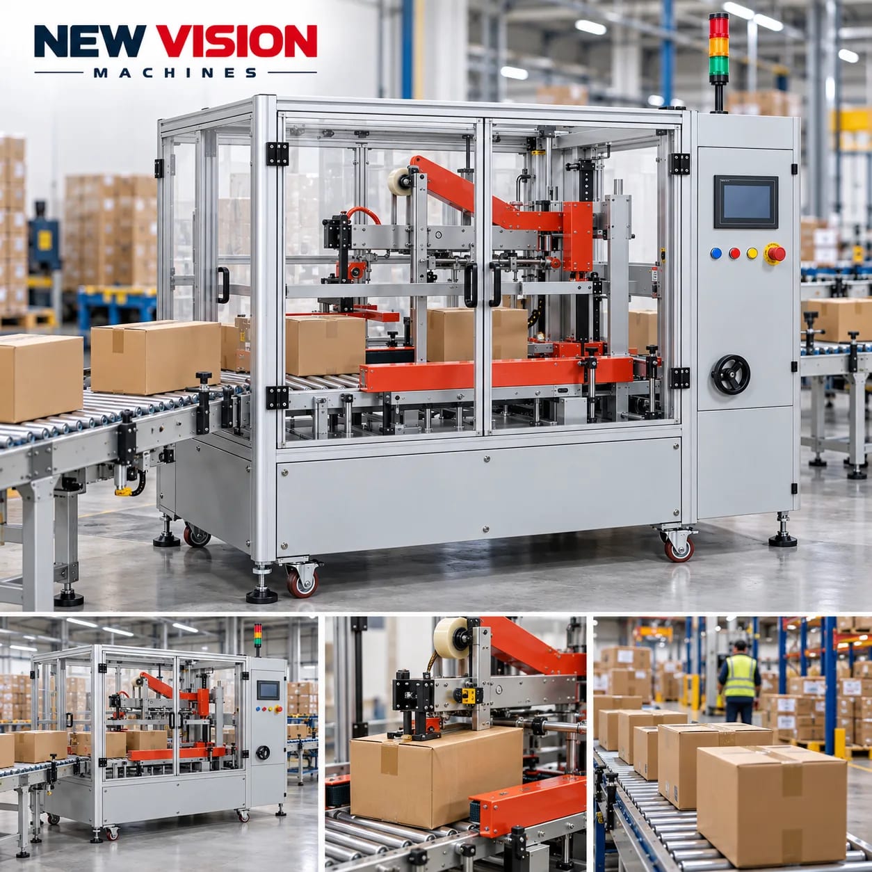 New Vision Machines Automatic Carton Sealer (Box Trapping Machine) — heavy-duty SS 304 food-grade construction & conveyor setup