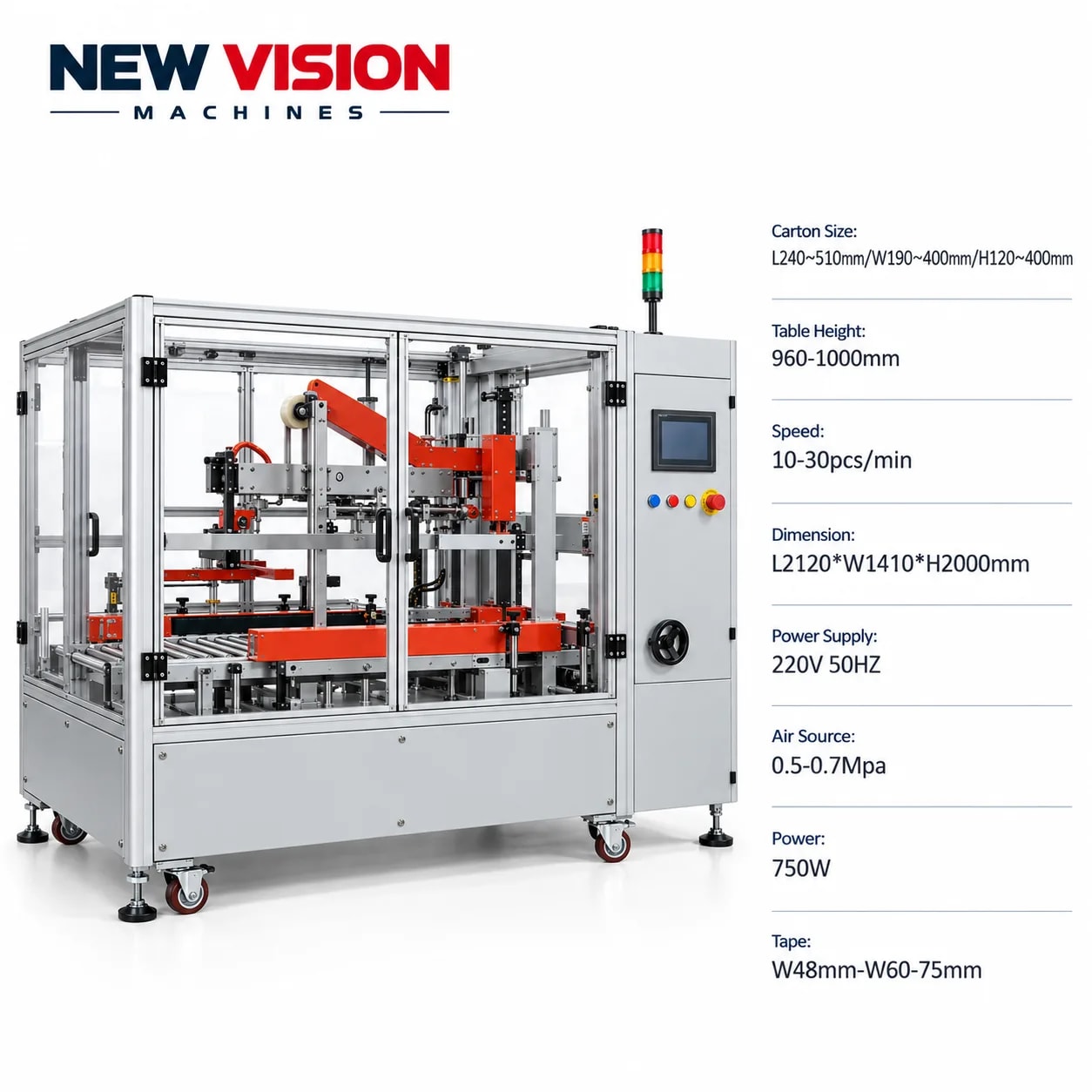 New Vision Machines Automatic Carton Sealer (Box Trapping Machine) — precision nozzles, filling heads & mechanical assembly