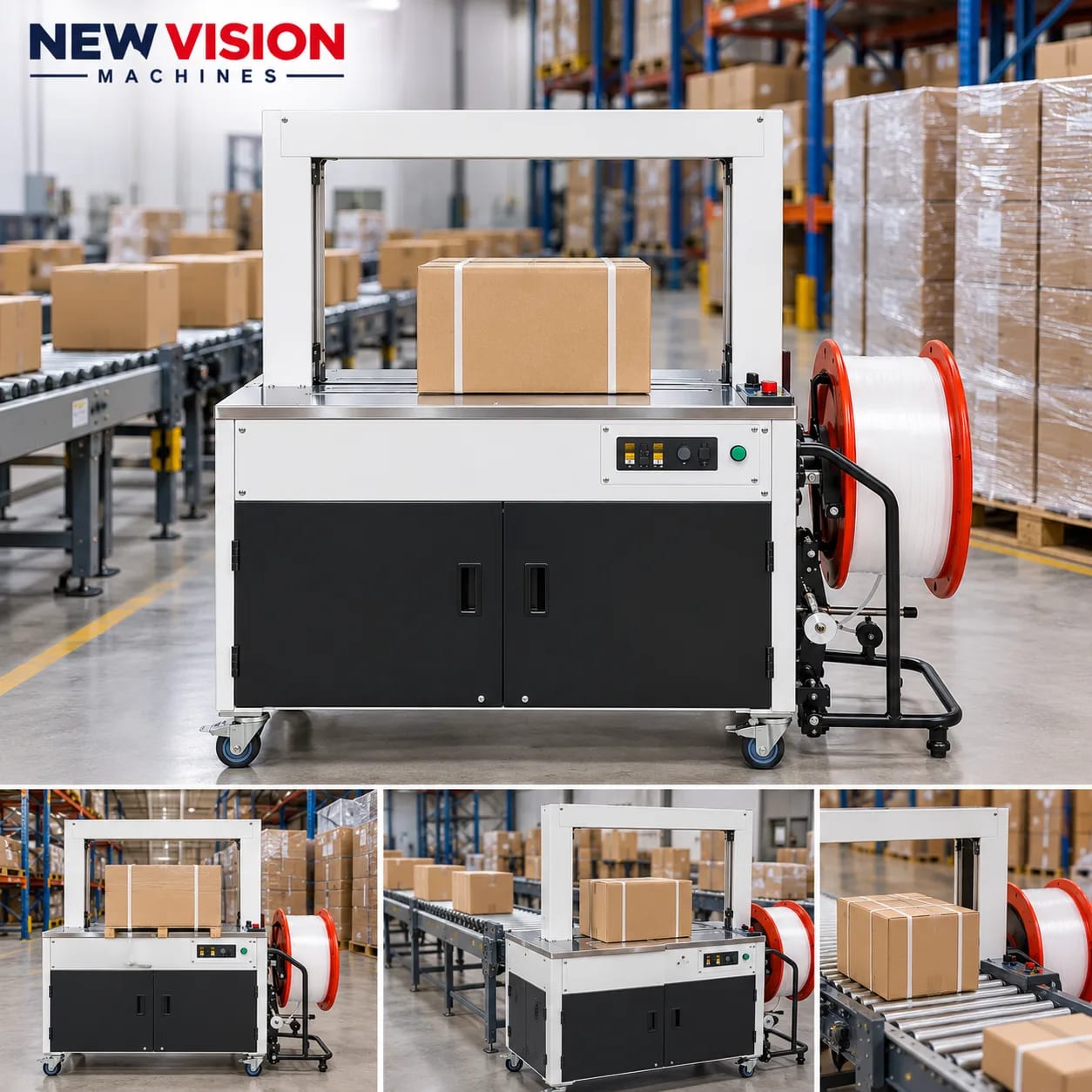 New Vision Machines Fully Automatic Strapping Machine — heavy-duty SS 304 food-grade construction & conveyor setup