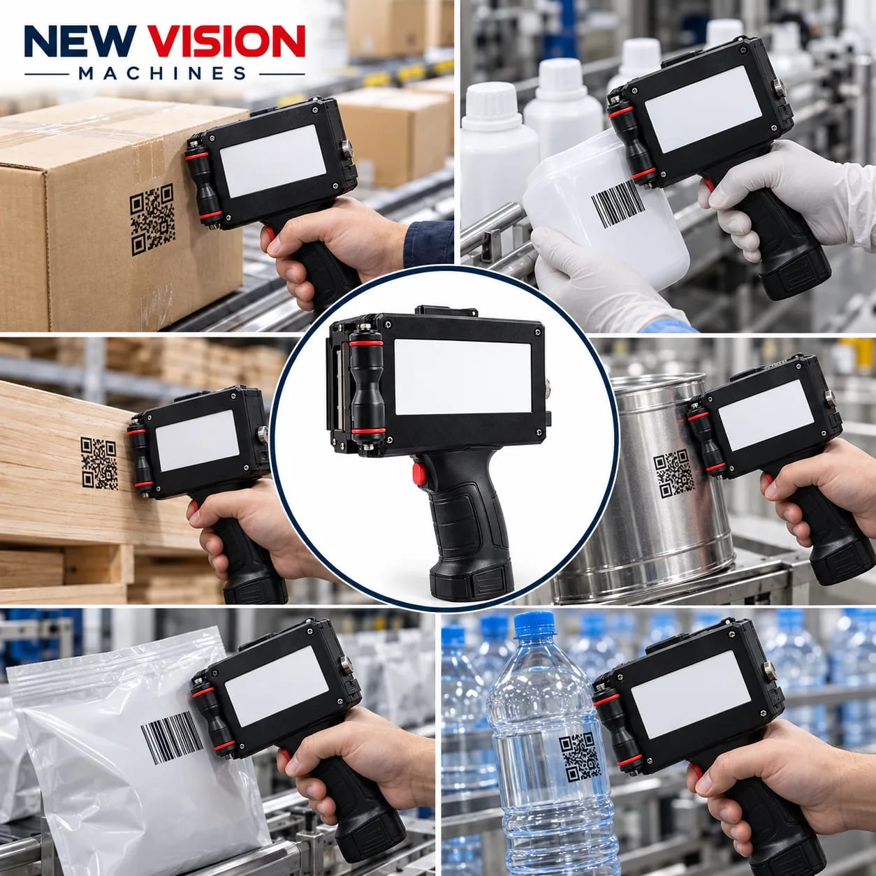 New Vision Machines 100mm Handheld TIJ with 4 Premium Cartridges| Labels, Barcodes, Logo — heavy-duty SS 304 food-grade construction & conveyor setup