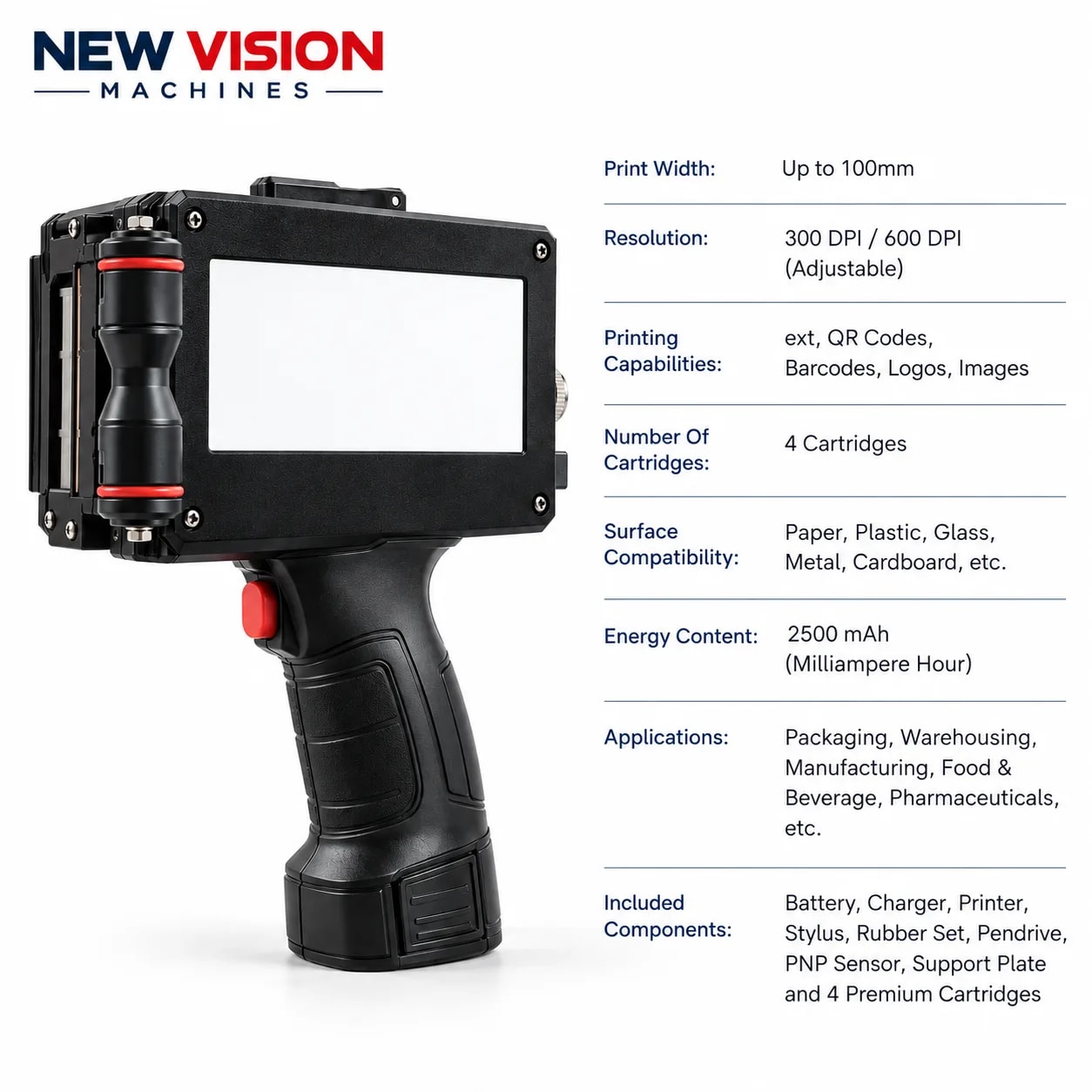 New Vision Machines 100mm Handheld TIJ with 4 Premium Cartridges| Labels, Barcodes, Logo — precision nozzles, filling heads & mechanical assembly