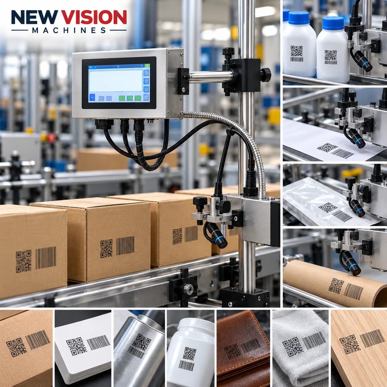 New Vision Machines 12.7mm-5inch Online Thermal Inkjet Printer — heavy-duty SS 304 food-grade construction & conveyor setup