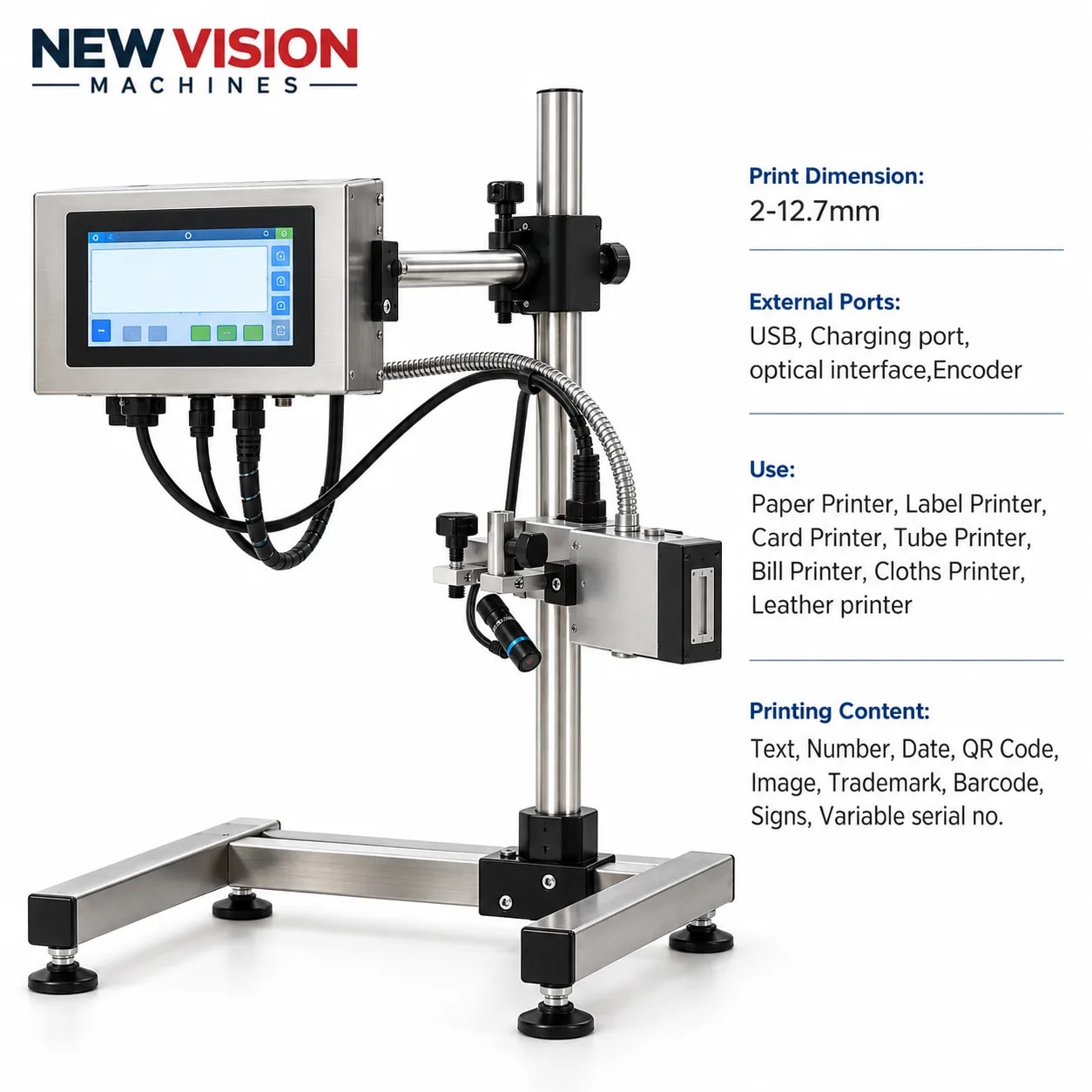 New Vision Machines 12.7mm-5inch Online Thermal Inkjet Printer — precision nozzles, filling heads & mechanical assembly