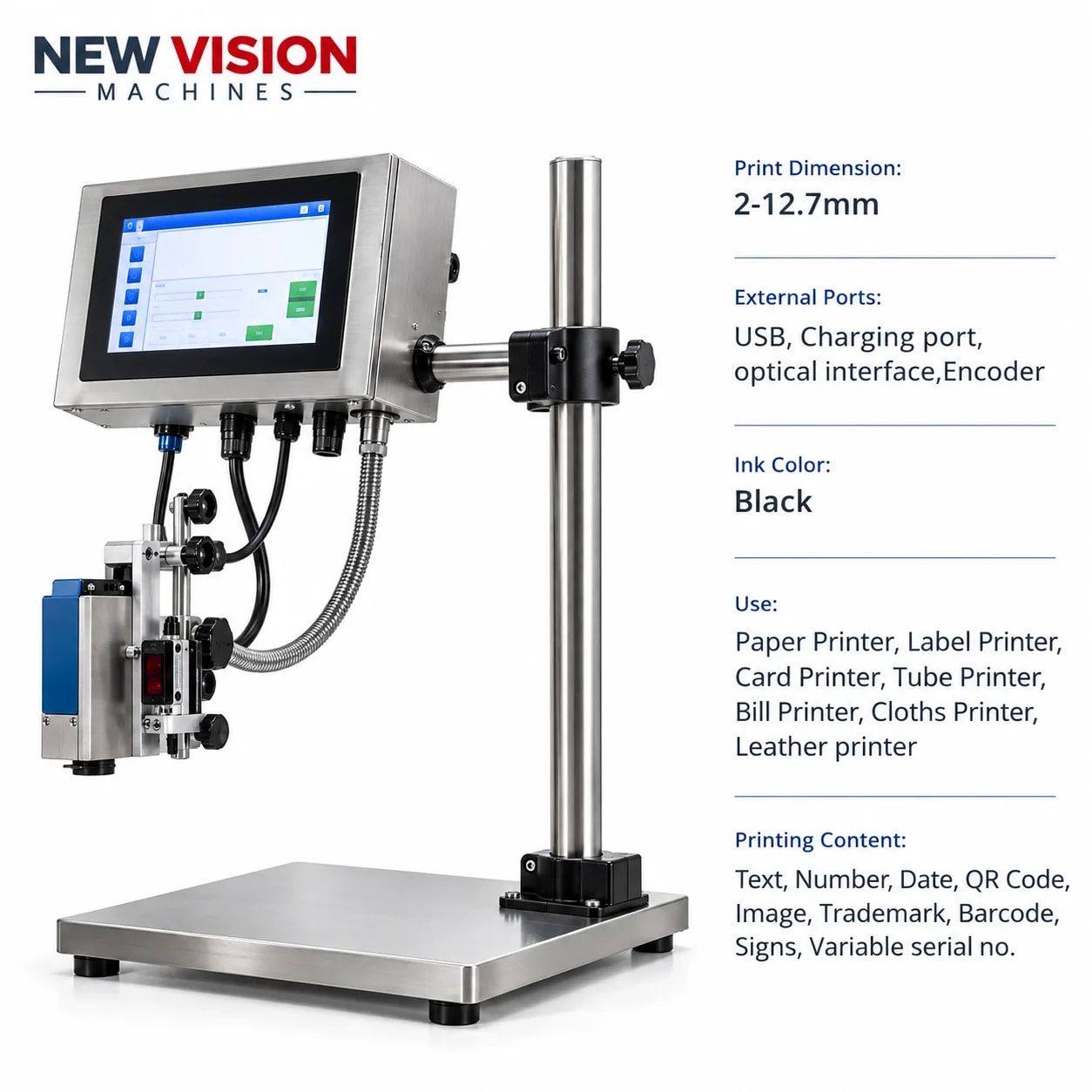 New Vision Machines 12.7mm-5inch Online TIJ with Ultra Premium Cartridge — precision nozzles, filling heads & mechanical assembly