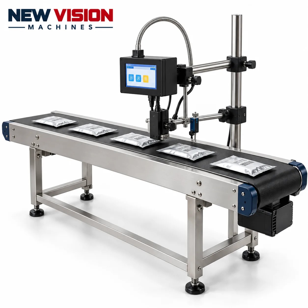 New Vision Machines 12.7mm TIJ Printer with 8inch Conveyor Belt and Adjustable Stand — Conveyors manufactured by New Vision Machines Indore