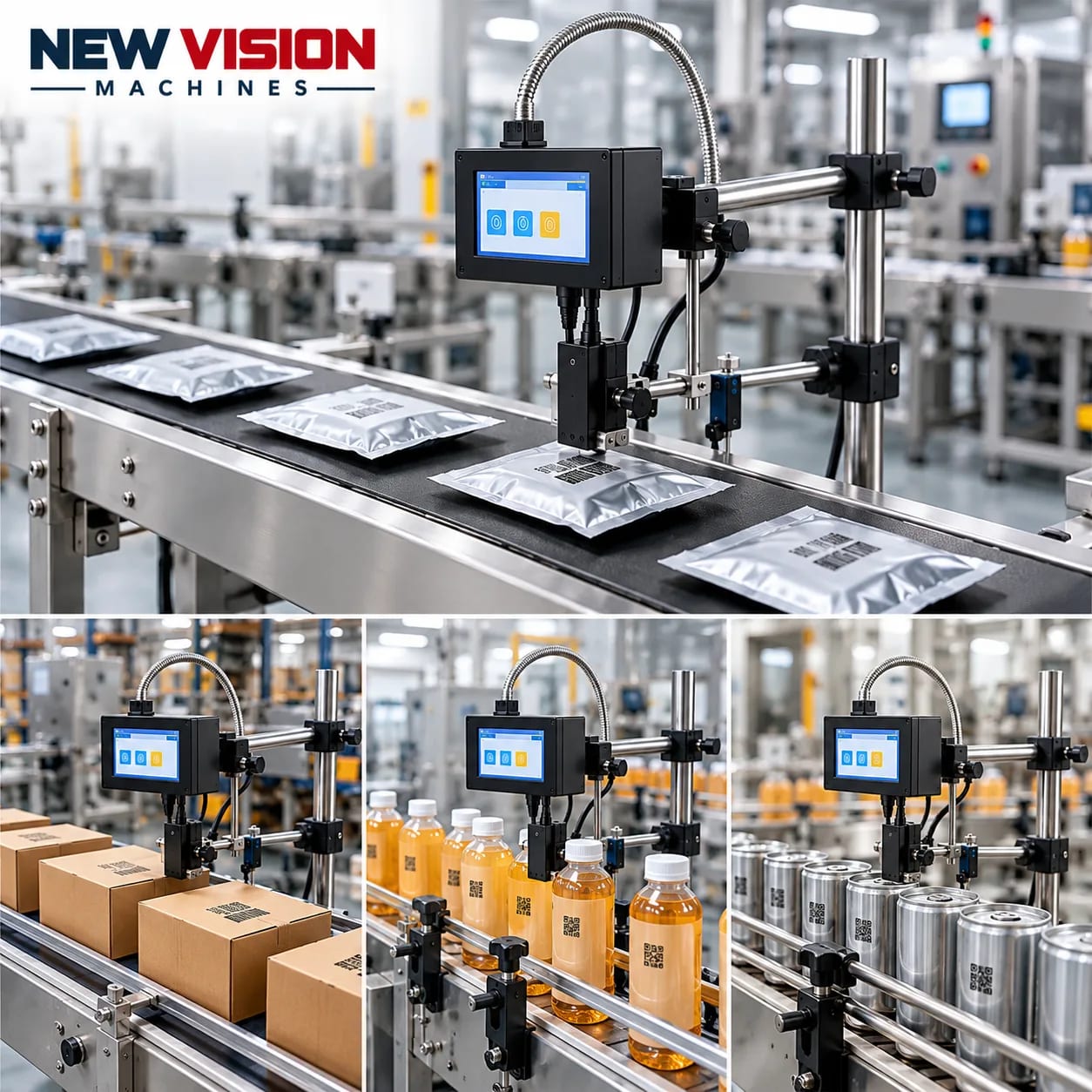 New Vision Machines 12.7mm TIJ Printer with 8inch Conveyor Belt and Adjustable Stand — heavy-duty SS 304 food-grade construction & conveyor setup