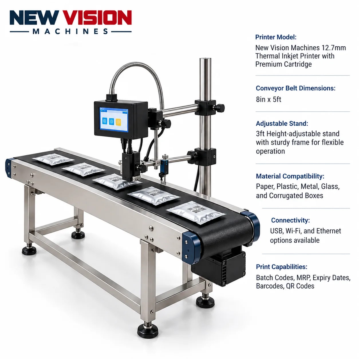 New Vision Machines 12.7mm TIJ Printer with 8inch Conveyor Belt and Adjustable Stand — precision nozzles, filling heads & mechanical assembly