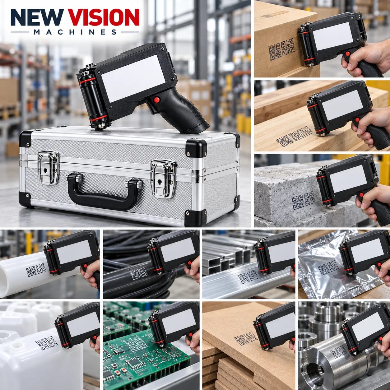 New Vision Machines 12.7mm Handheld TIJ Plastic Body with Ultra Premium Cartridge — heavy-duty SS 304 food-grade construction & conveyor setup