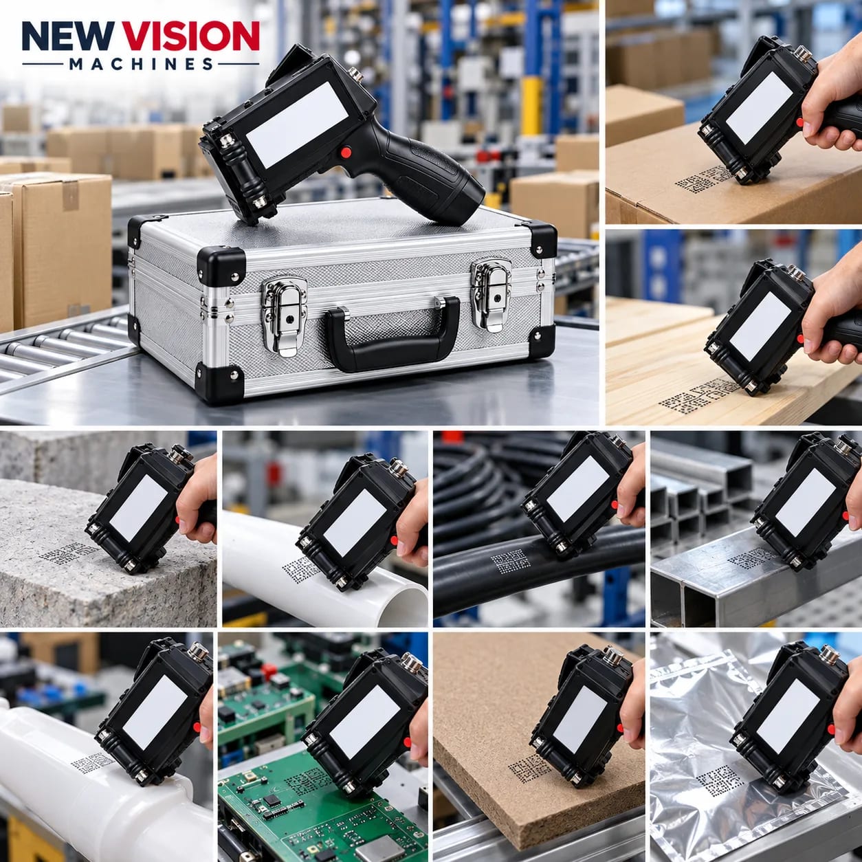 New Vision Machines 12.7mm HH TIJ Plastic Body with White Cartridge | MRP Logo printer — heavy-duty SS 304 food-grade construction & conveyor setup