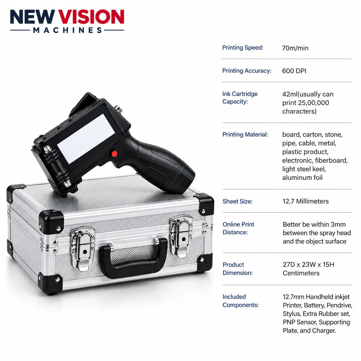 New Vision Machines 12.7mm HH TIJ Plastic Body with White Cartridge | MRP Logo printer — precision nozzles, filling heads & mechanical assembly