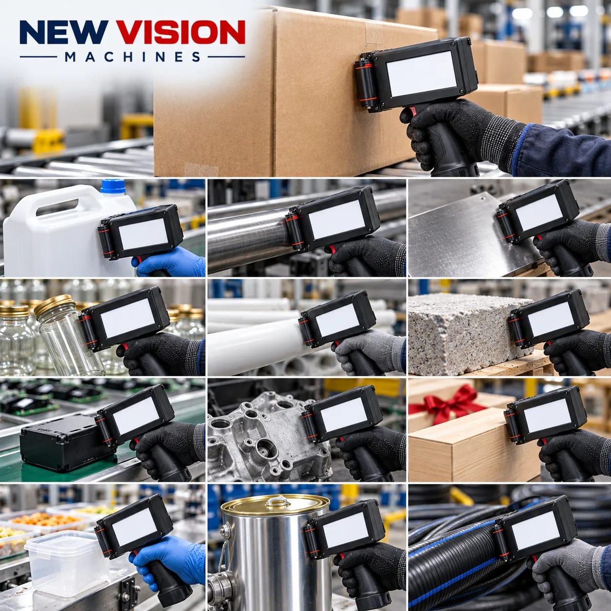 New Vision Machines 12.7mm Advanced Handheld Thermal Inkjet Printer — heavy-duty SS 304 food-grade construction & conveyor setup