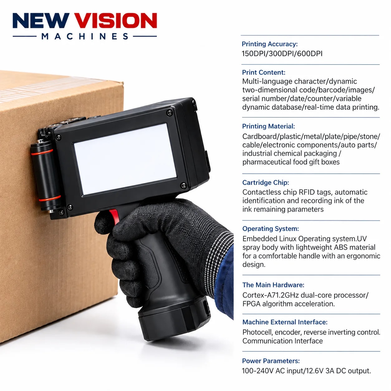 New Vision Machines 12.7mm Advanced Handheld Thermal Inkjet Printer — precision nozzles, filling heads & mechanical assembly