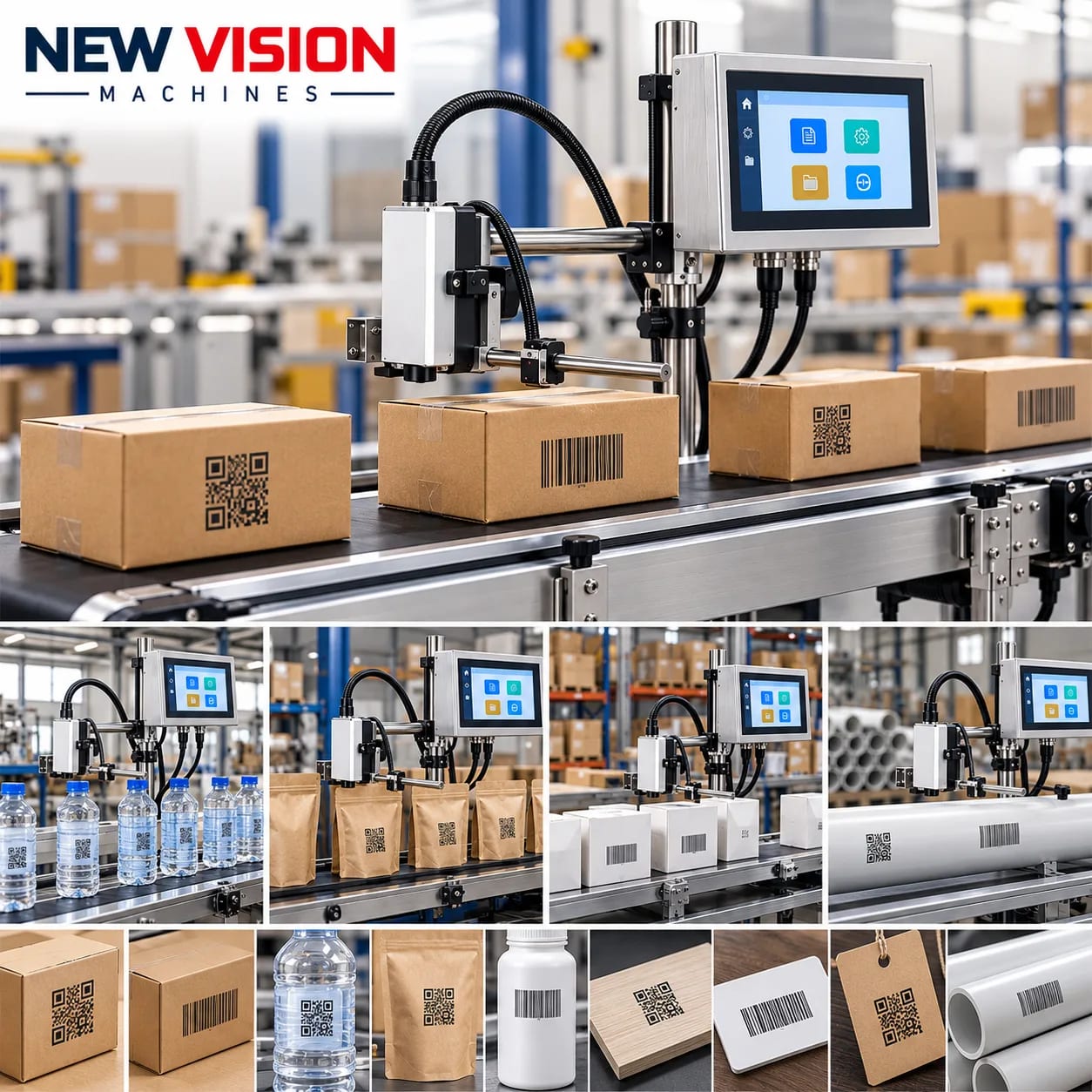 New Vision Machines 12.7mm Head Industrial Online Thermal Inkjet Printer — heavy-duty SS 304 food-grade construction & conveyor setup