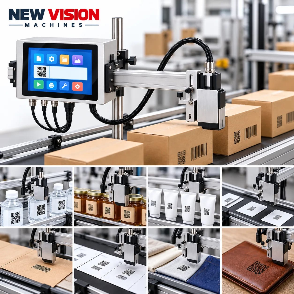 Online Thermal Inkjet Printer, Batch Coding - New Vision Machines — heavy-duty SS 304 food-grade construction & conveyor setup