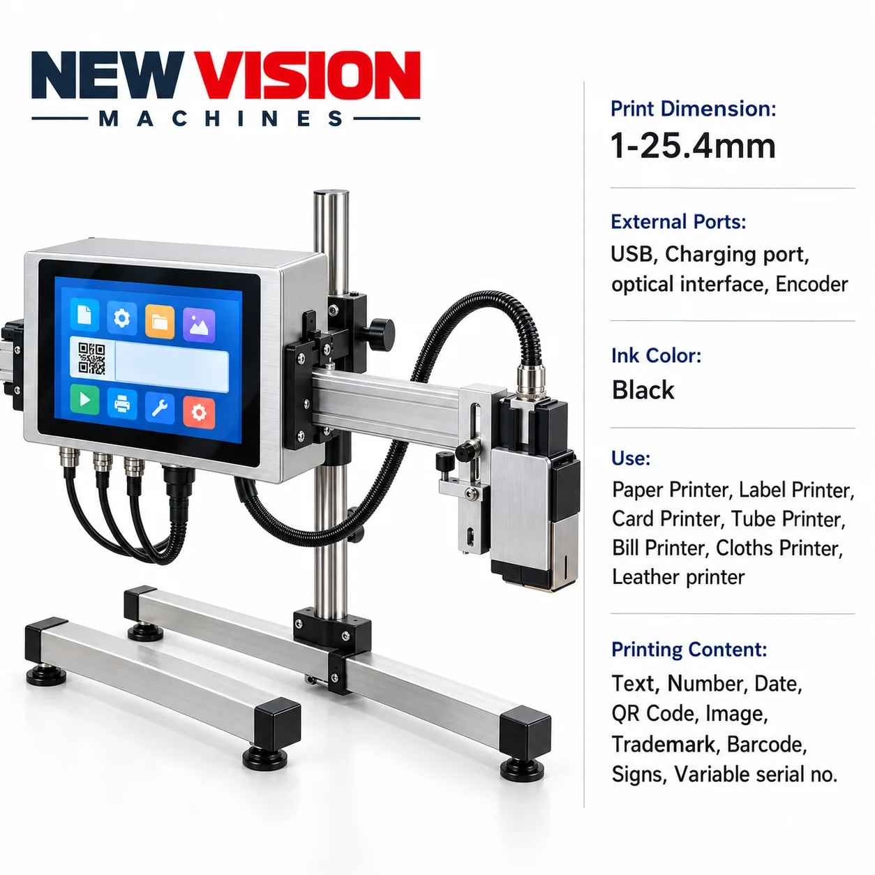 Online Thermal Inkjet Printer, Batch Coding - New Vision Machines — precision nozzles, filling heads & mechanical assembly