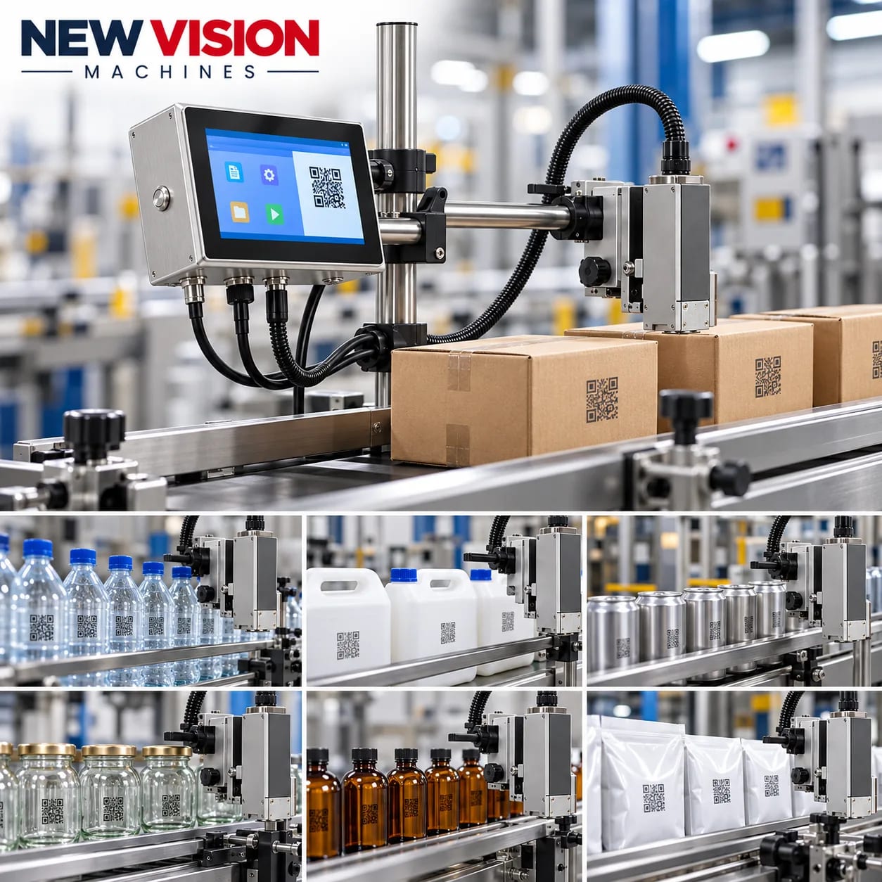 Online 50mm Thermal Inkjet Printer, Batch Coding - New Vision Machines — heavy-duty SS 304 food-grade construction & conveyor setup