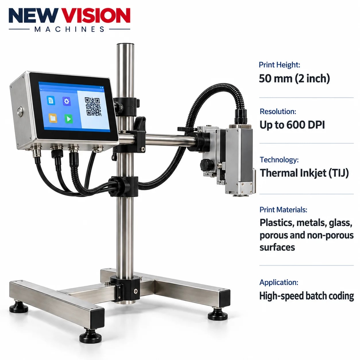 Online 50mm Thermal Inkjet Printer, Batch Coding - New Vision Machines — precision nozzles, filling heads & mechanical assembly