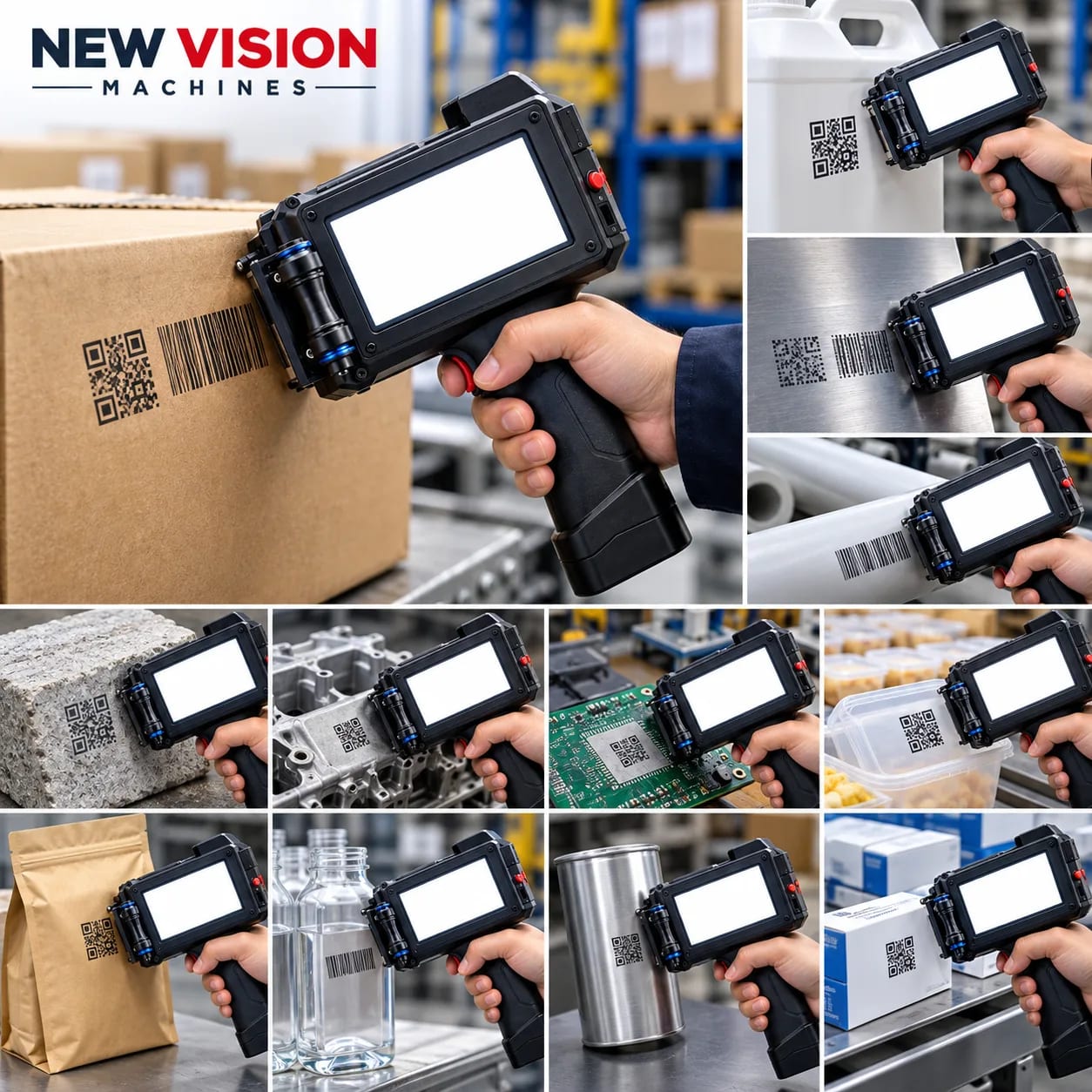 New Vision Machines 25.4mm Advanced Handheld Thermal Inkjet Printer — heavy-duty SS 304 food-grade construction & conveyor setup