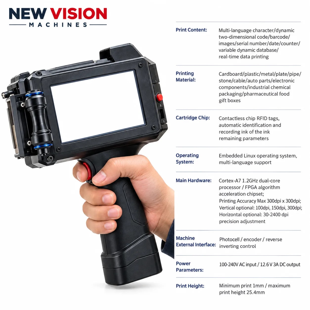 New Vision Machines 25.4mm Advanced Handheld Thermal Inkjet Printer — precision nozzles, filling heads & mechanical assembly