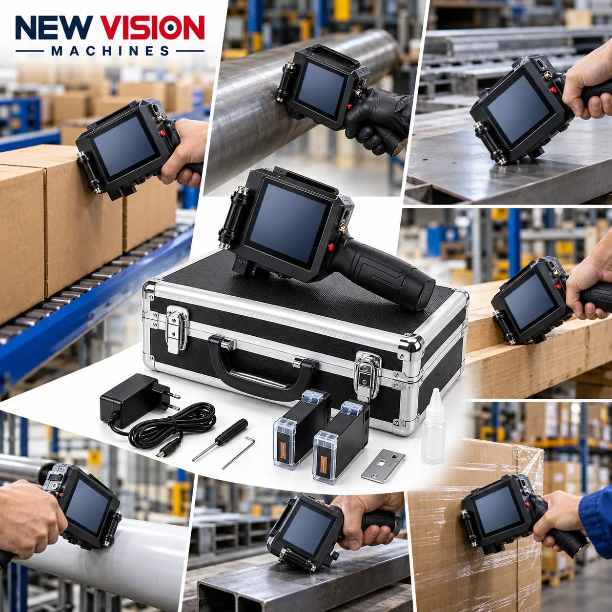 New Vision Machines 50.2mm Thermal Inkjet Metal Printer with Ultra Premium Cartridge — heavy-duty SS 304 food-grade construction & conveyor setup