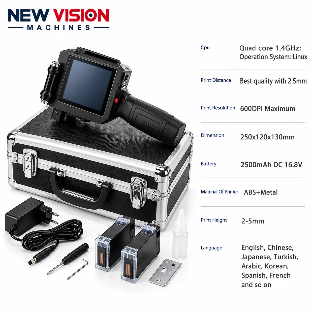 New Vision Machines 50.2mm Thermal Inkjet Metal Printer with Ultra Premium Cartridge — precision nozzles, filling heads & mechanical assembly