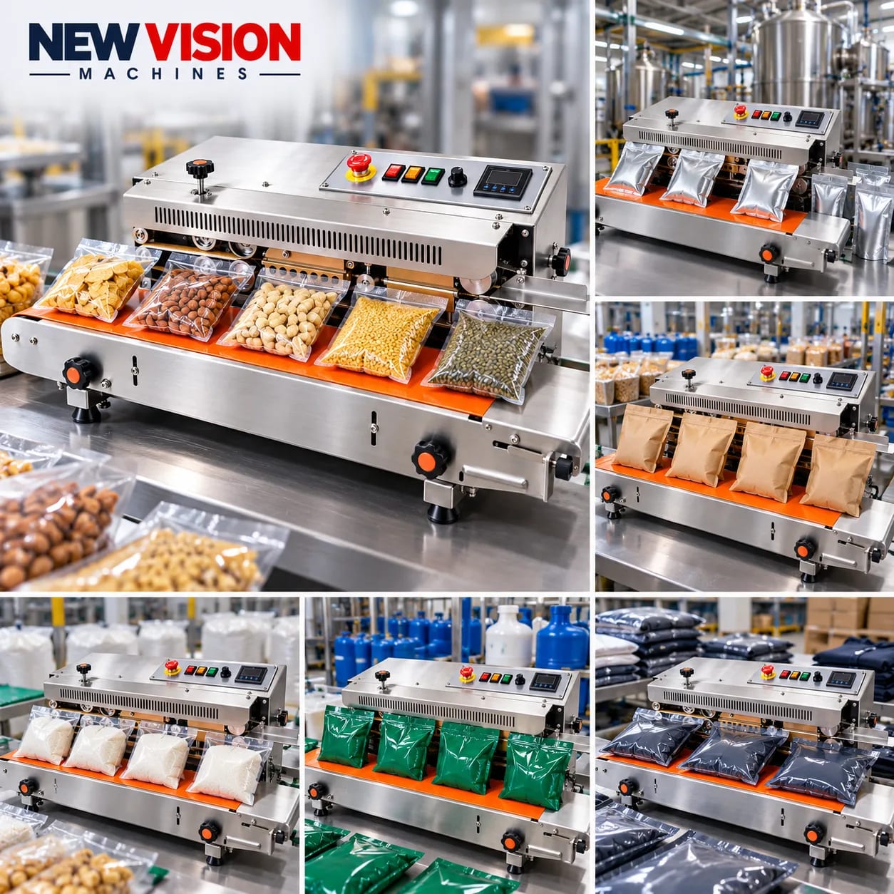 New Vision Machines Band Sealer Horizontal SS Body — heavy-duty SS 304 food-grade construction & conveyor setup