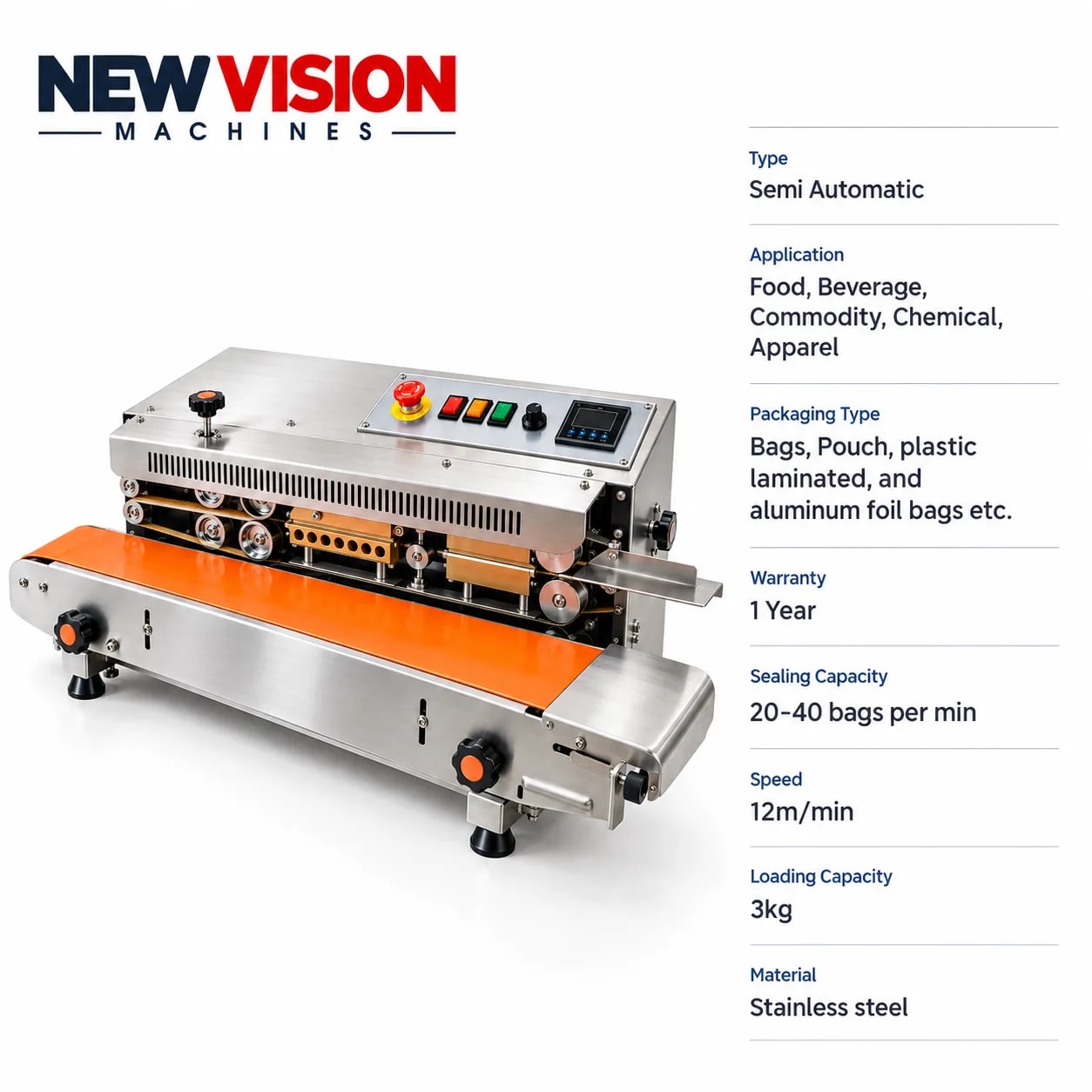 New Vision Machines Band Sealer Horizontal SS Body — precision nozzles, filling heads & mechanical assembly