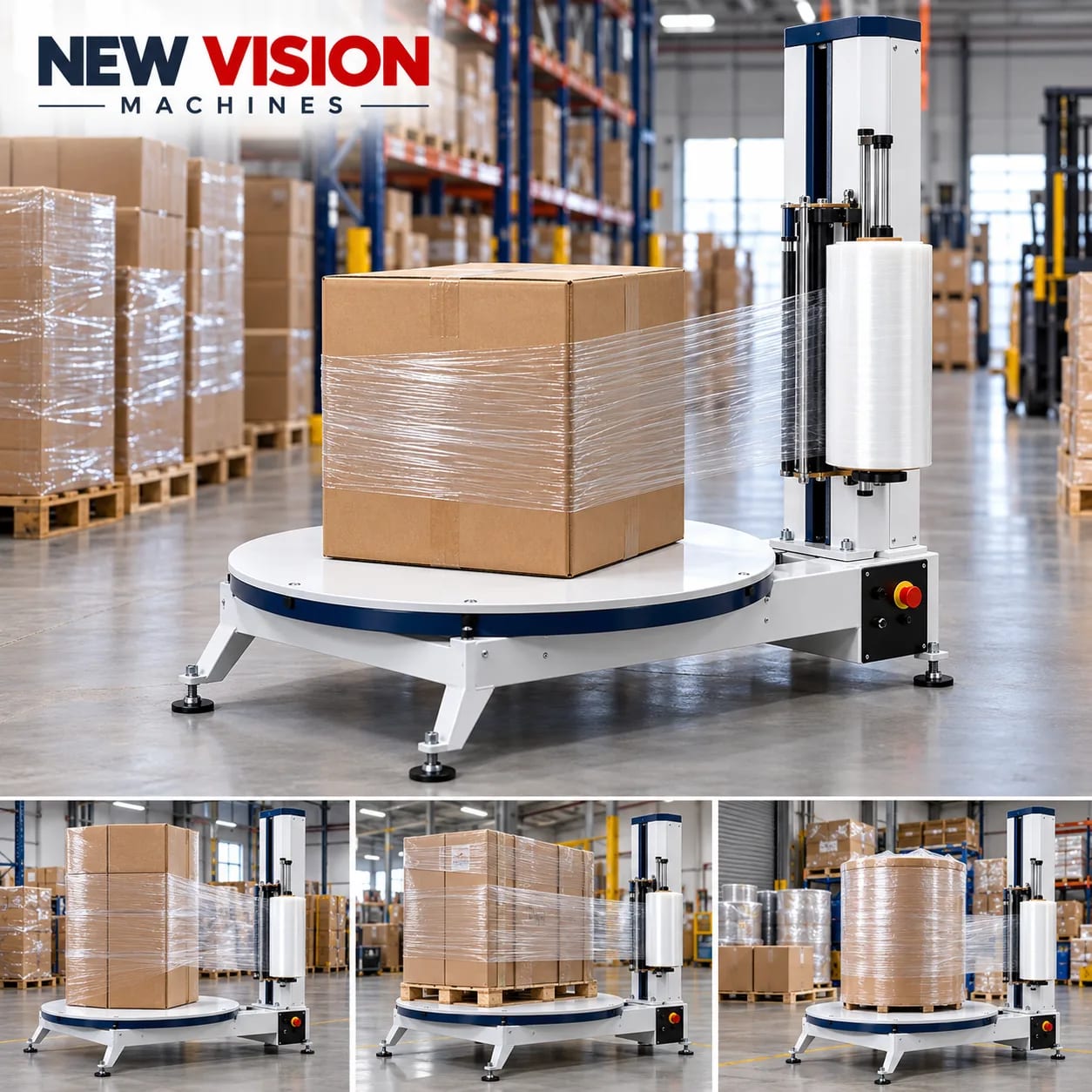 New Vision Machines Semi Auto Stretch Wrapping Machine — heavy-duty SS 304 food-grade construction & conveyor setup