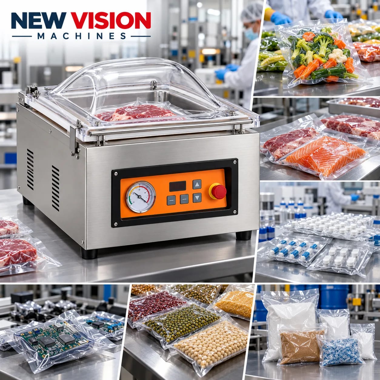 New Vision Machines Automatic Stainless Steel Vacuum Sealer Packing Machine — heavy-duty SS 304 food-grade construction & conveyor setup